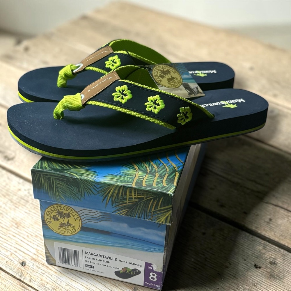 Margaritaville Womens Navy Lime Green Hibiscus Flip Flop Sandals Size 8 1630468